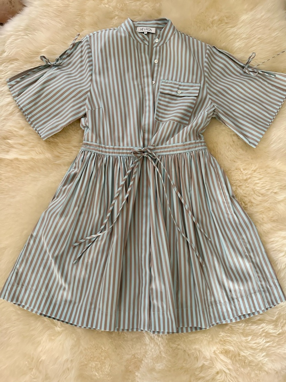 Hevron striped Belted Dress in Light Blue and Beige ( New no tags) 100% Cotton